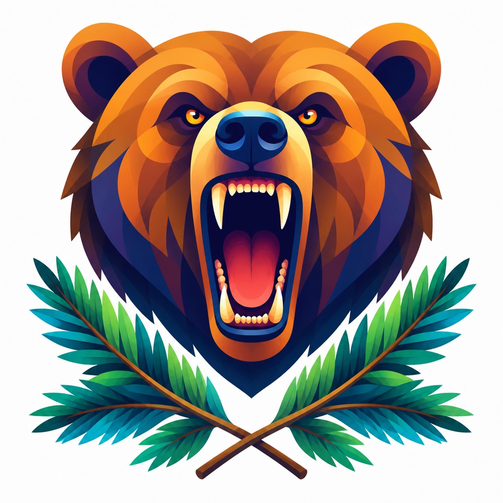 a roaring bear head above crossed pine branches, bold graphic composition on a plain background, no text