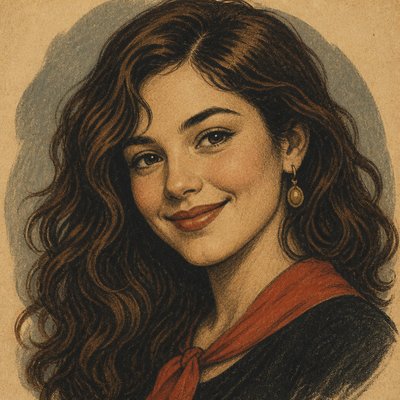 head-and-shoulders portrait of an original character: a young woman with wavy chestnut hair and a warm smile, plain soft backdrop