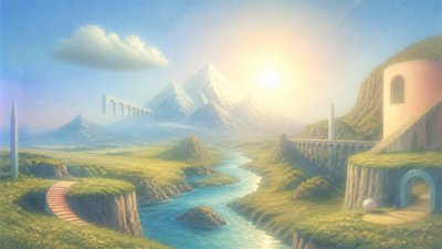 a vast valley with a river winding toward distant mountains at sunrise, no people, no text