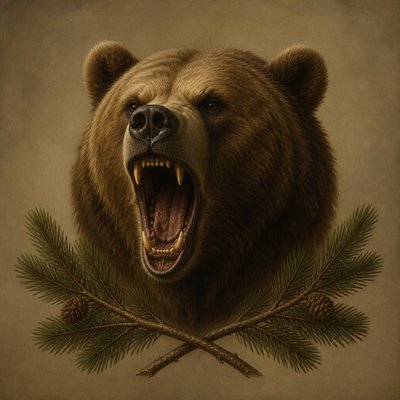 a roaring bear head above crossed pine branches, bold graphic composition on a plain background, no text