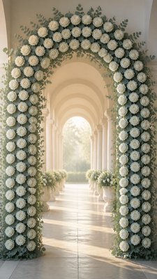 an arch of white roses and eucalyptus in soft morning light, elegant vertical composition with open space, no text