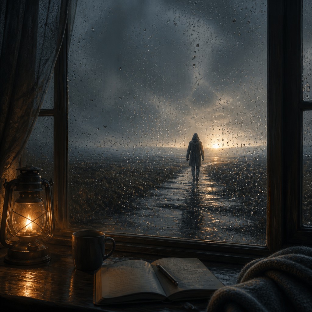 a solitary figure walking toward a glowing horizon across an empty plain, moody atmosphere, no text or lettering