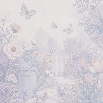 a garden scene with butterflies, flowers and a watering can, clean uncolored line art, no text
