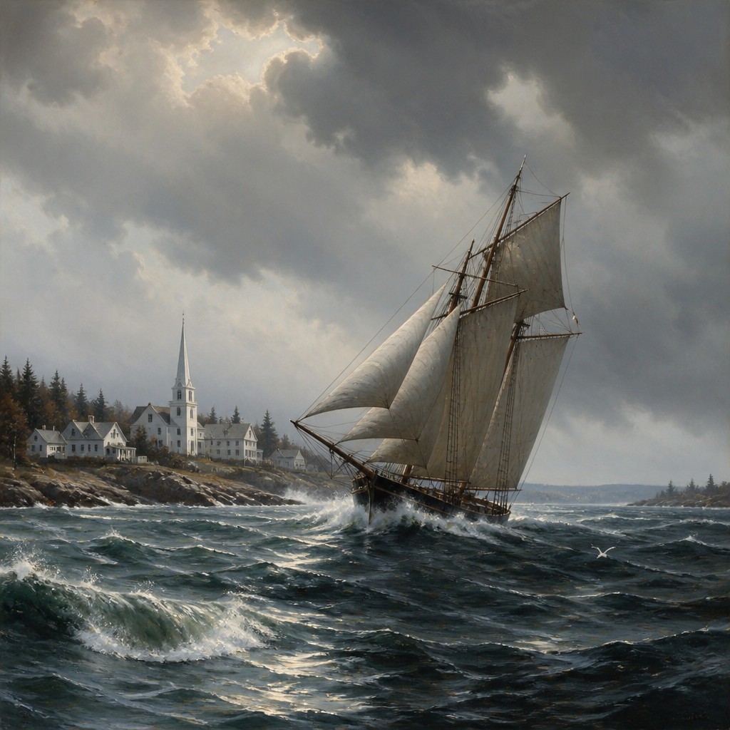 sailing ship on a stormy sea — New England Maritime Art Style