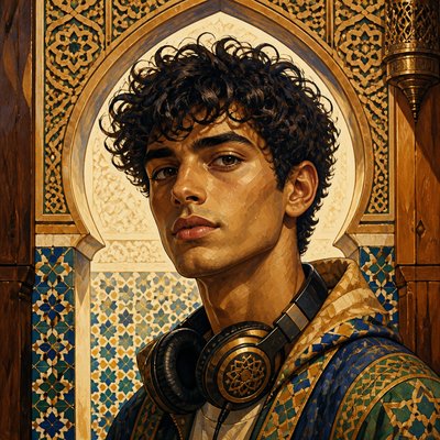 head-and-shoulders portrait of an original character: a young man with curly dark hair and headphones around his neck, plain backdrop, no text