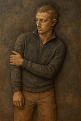 a painting of a man with his arms crossed