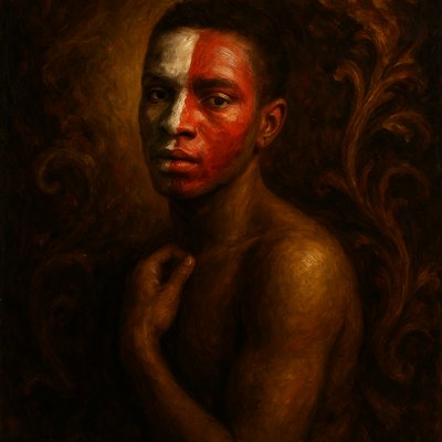 a painting of a man with red and white paint on his face