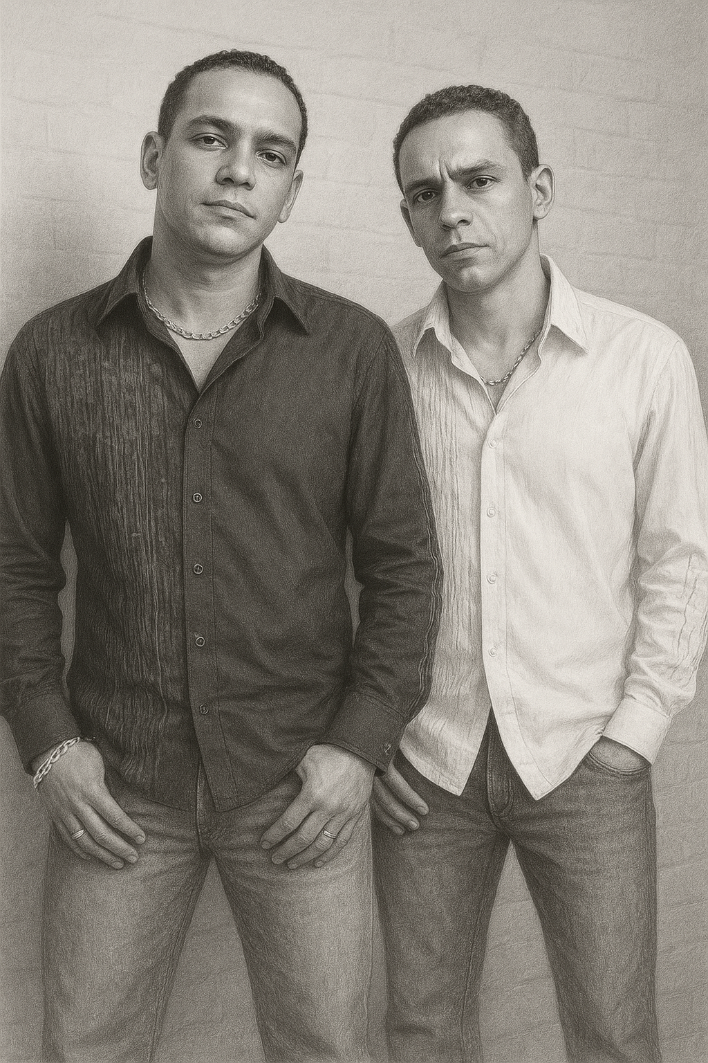 two men standing next to each other in front of a brick wall