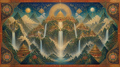 a cliffside city with waterfalls cascading into a misty canyon, wide establishing shot, no people, no text