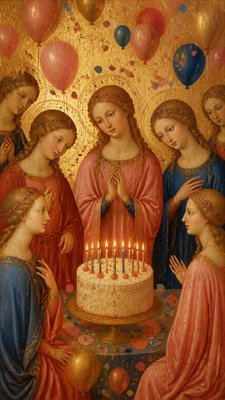 a birthday cake with lit candles surrounded by balloons and confetti, festive vertical composition, no text