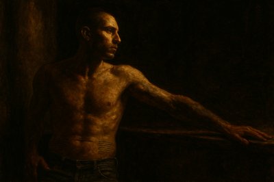 a painting of a shirtless man in a dark room