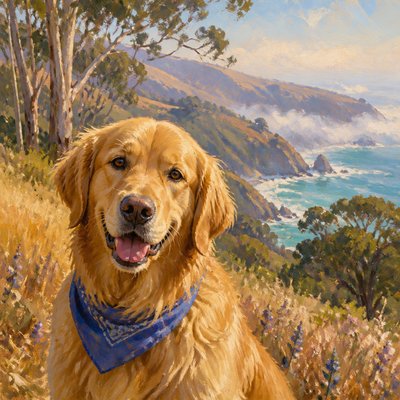 portrait of a golden retriever wearing a blue bandana, warm plain backdrop, no text