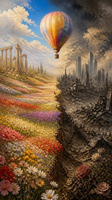 a hot air balloon drifting over rolling flower fields on a sunny day, cheerful, no text