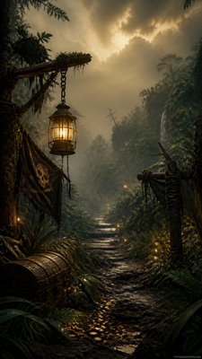 a mysterious forest path with fireflies and drifting mist, atmospheric vertical composition with open space at the top, no text