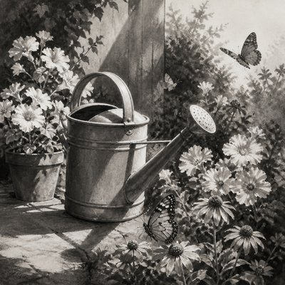 a garden scene with butterflies, flowers and a watering can, clean uncolored line art, no text