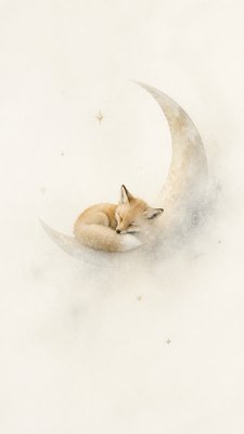 a sleeping baby fox curled on a crescent moon among soft stars, gentle and warm, no text