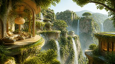 a cliffside city with waterfalls cascading into a misty canyon, wide establishing shot, no people, no text