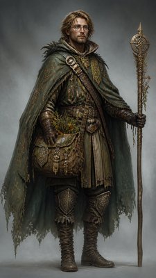 full-body original character: a wandering botanist with a satchel of plants, a patched green cloak, tall boots and round glasses, neutral background