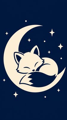 a sleeping baby fox curled on a crescent moon among soft stars, gentle and warm, no text