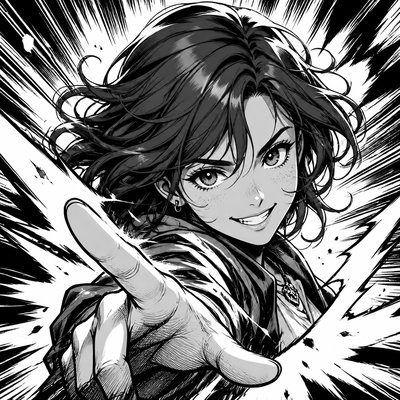 head-and-shoulders portrait of an original character: a young woman with wavy chestnut hair and a warm smile, plain soft backdrop