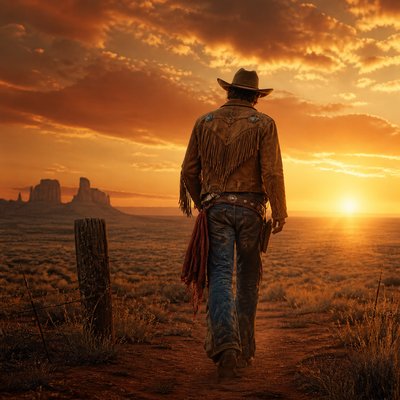 a solitary figure walking toward a glowing horizon across an empty plain, moody atmosphere, no text or lettering