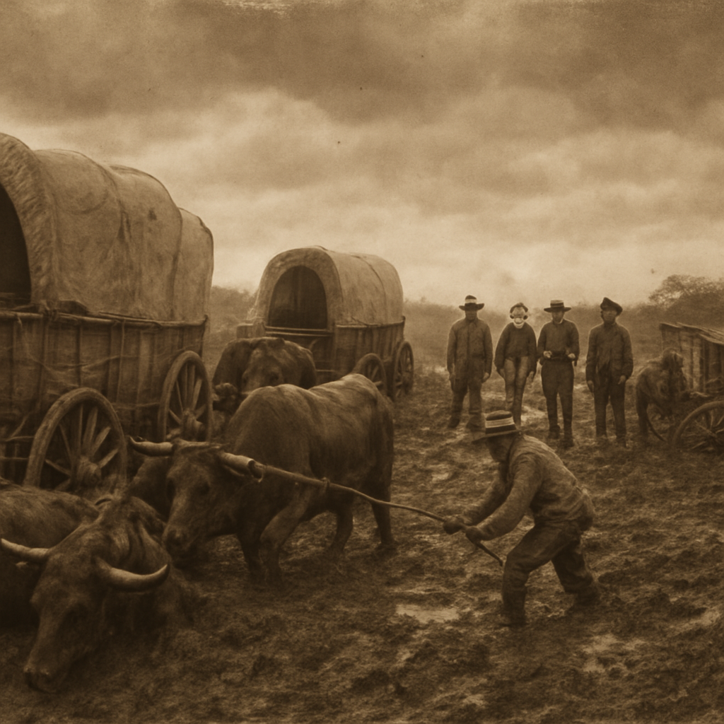 A highly realistic and historically accurate image set in the deep, waterlogged mud of the Texas Cross Timbers (Montague County) in 1840. The scene captures the frustrating moment when the Chihuahua Traders caravan is completely stuck.

Foreground focus is on several heavy, wooden Conestoga freight wagons, mired up to their axles in dark, thick mud. Exhausted oxen are straining and distressed, their drivers in rough frontier attire attempting to free the wheels with ropes and levers.

In the mid-ground, a small group of the American equestrian circus performers stands next to their distinctive, high-quality riding horses, which are visibly more refined than the typical pack animals. The performers are dressed in sturdy but distinct traveling clothes, looking ill-equipped and frustrated by the muddy conditions. One performer is carefully securing a colorful carriage or cart containing unique circus props, struggling to keep it from sinking. The overall mood is one of miserable delay and hardship. Cloudy, oppressive sky; detailed realism; wide-angle shot; dark, moody lighting.