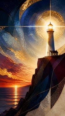 a lone lighthouse on a cliff at dusk under a dramatic sky, no text or lettering