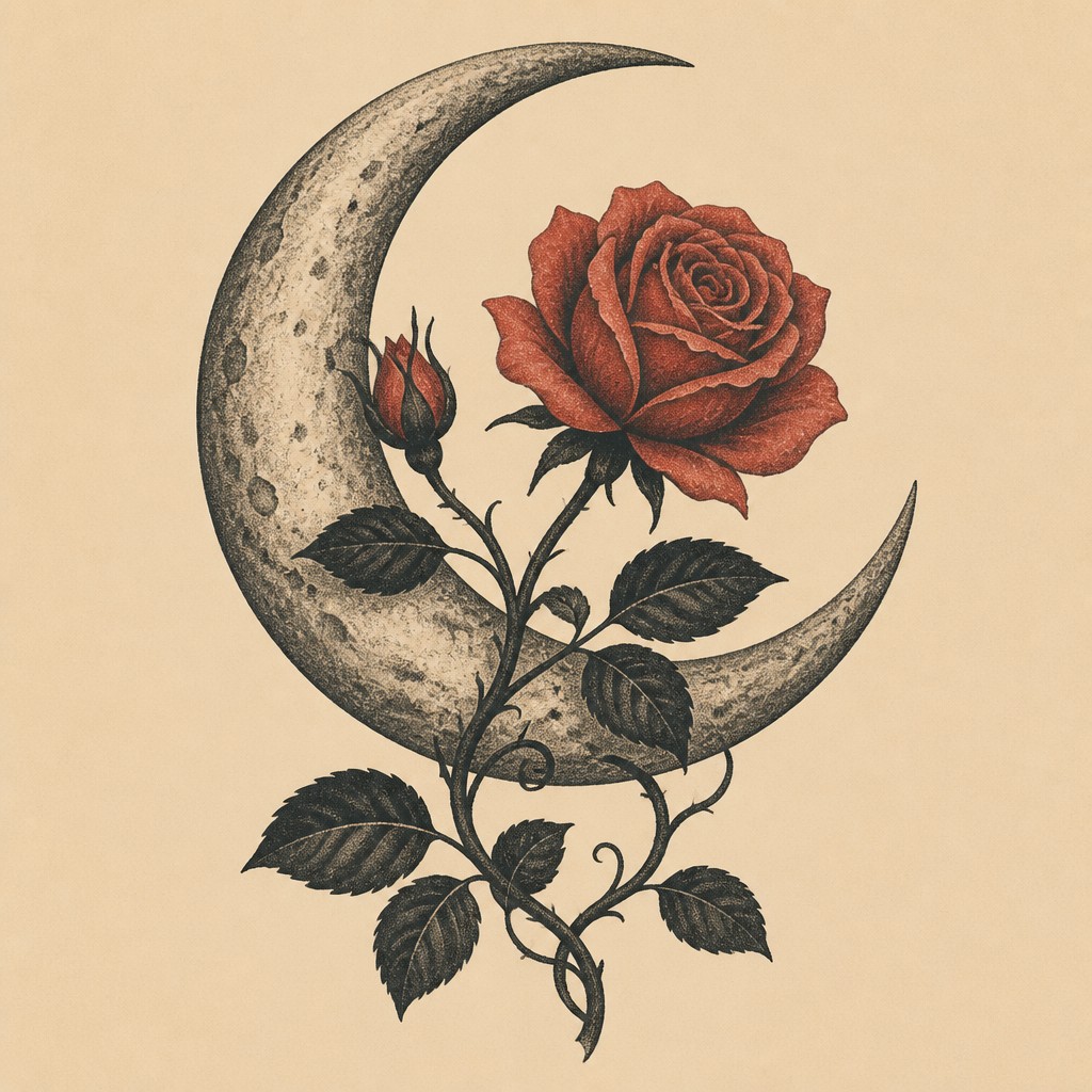 a rose entwined with a crescent moon, clean balanced composition on a plain background, no text