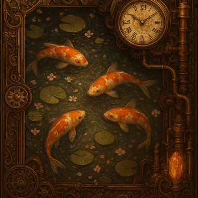 A koi pond seen from above, orange and white koi fish swimming among lily pads, clear water with subtle ripples, fallen cherry blossom petals floating on the surface, dappled sunlight