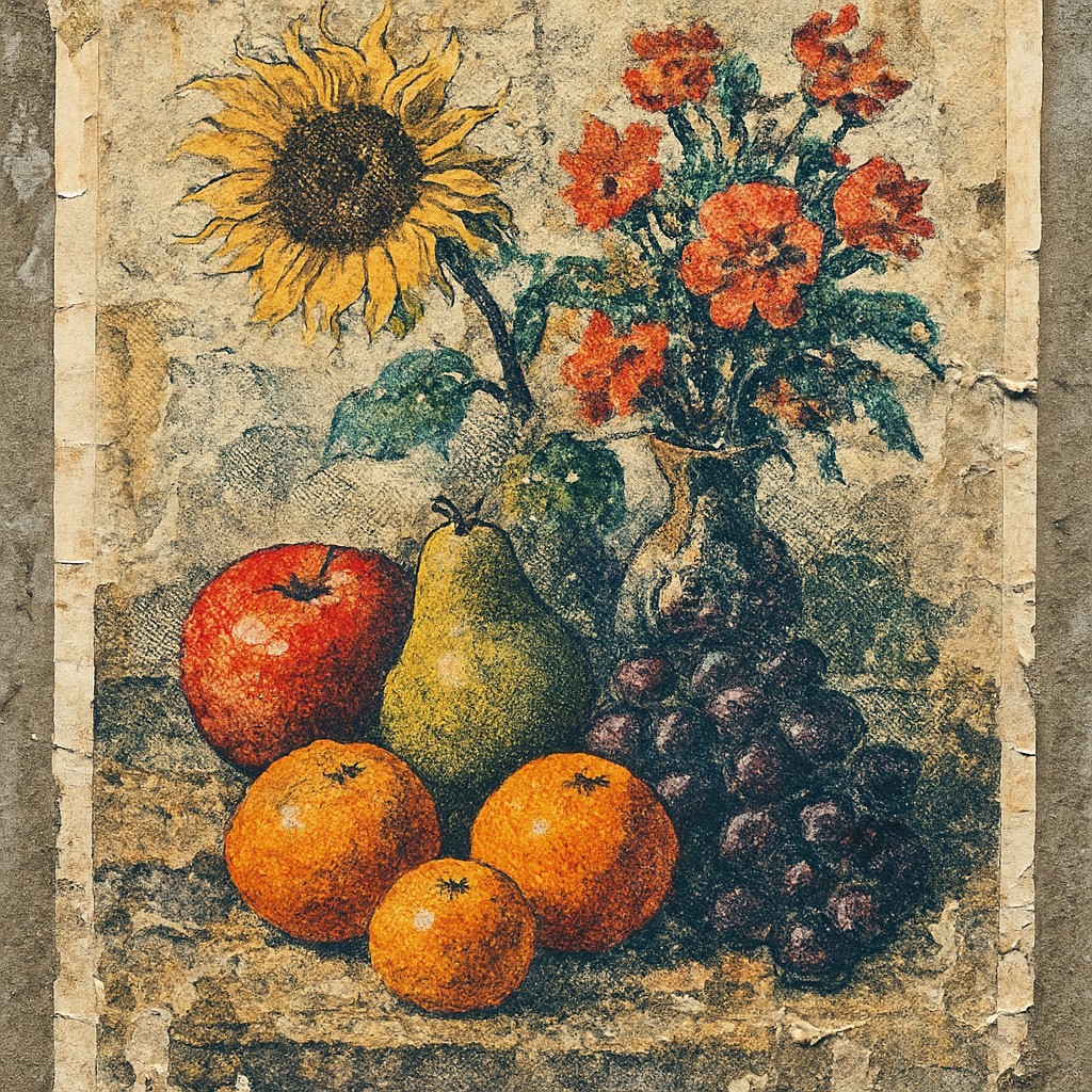 still life arrangement of fruits and flowers