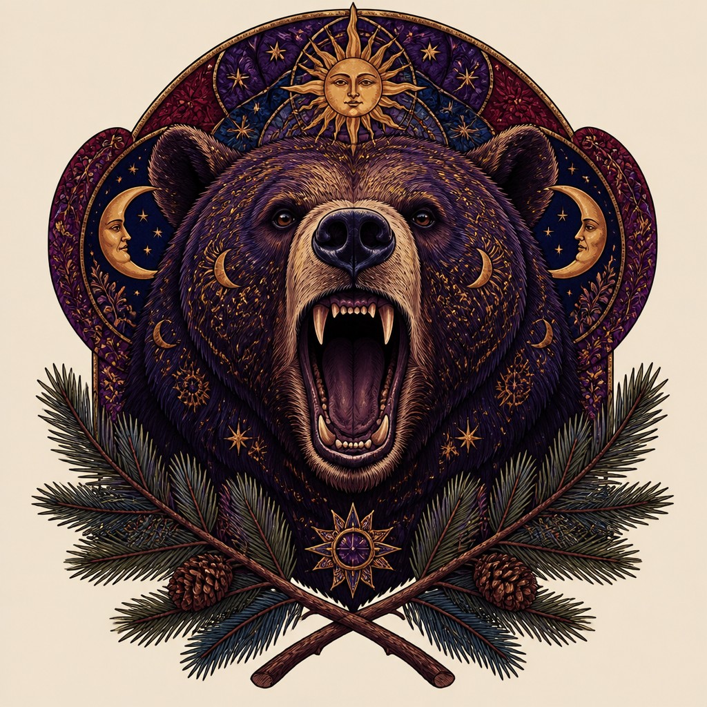 a roaring bear head above crossed pine branches, bold graphic composition on a plain background, no text
