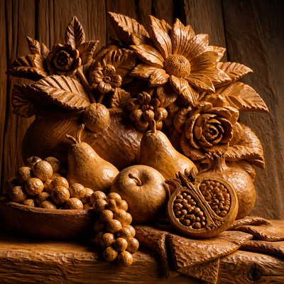 still life arrangement of fruits and flowers