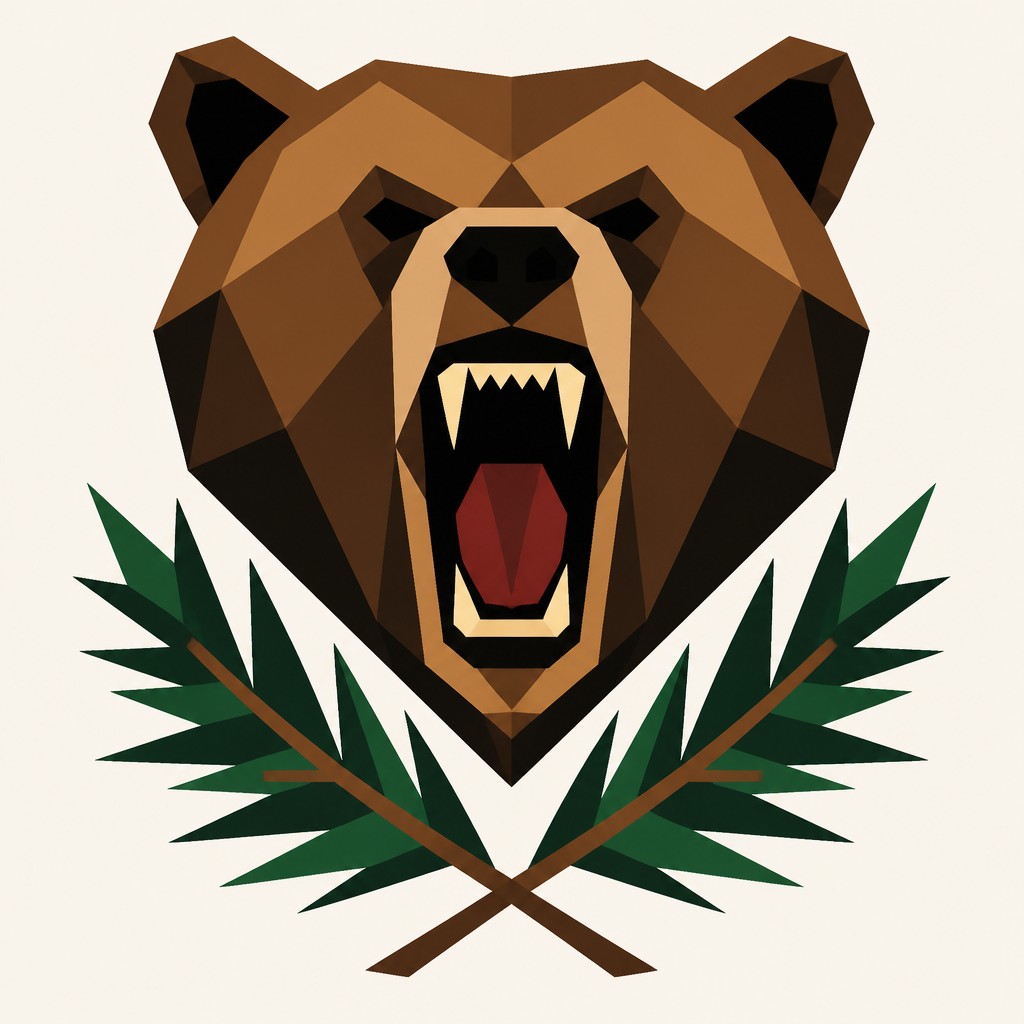 a roaring bear head above crossed pine branches, bold graphic composition on a plain background, no text