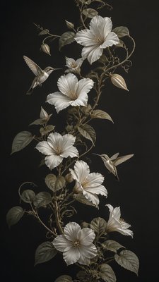 a climbing vine of flowers and hummingbirds on a dark background, tall wrapping composition, no text