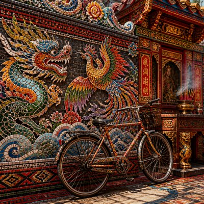 bicyle resting against a wall