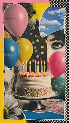 a birthday cake with lit candles surrounded by balloons and confetti, festive vertical composition, no text