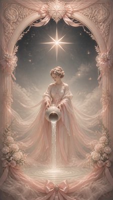 a robed figure pouring water beneath a large eight-pointed star in a night sky, symmetrical composition with an ornate decorative border, no text