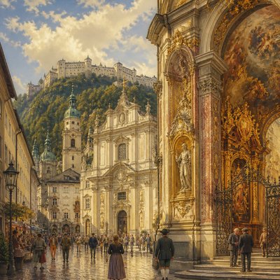 urban street with city activity — Salzburg Art Style