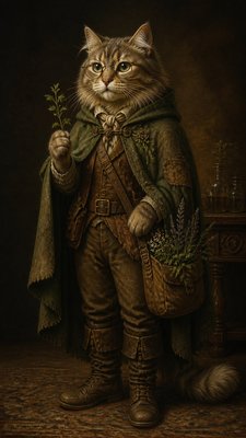 full-body original character: a wandering botanist with a satchel of plants, a patched green cloak, tall boots and round glasses, neutral background