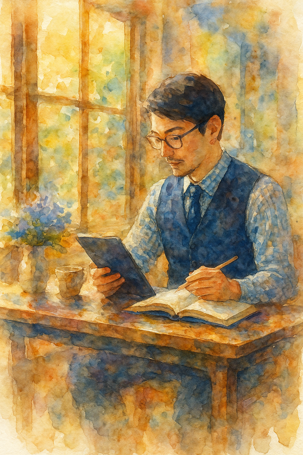a painting of a man sitting at a desk with a book