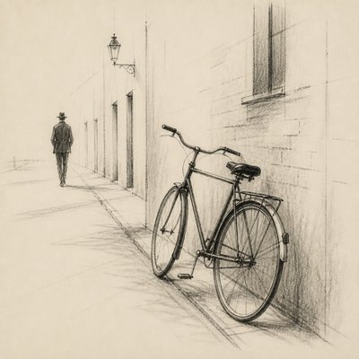 bicyle resting against a wall — Implied Line Art Style