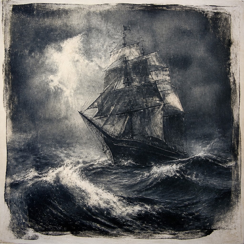 sailing ship on a stormy sea — Monotype Print Style
