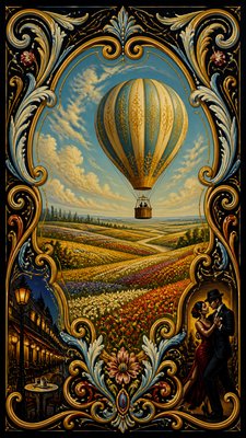 a hot air balloon drifting over rolling flower fields on a sunny day, cheerful, no text