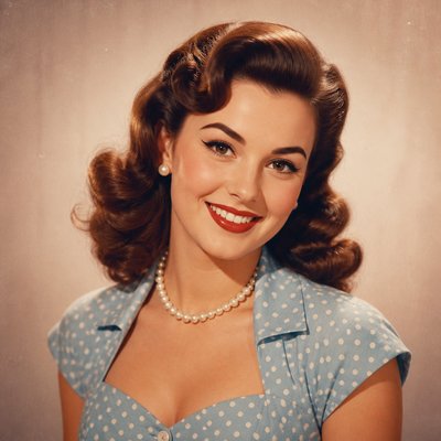 head-and-shoulders portrait of an original character: a young woman with wavy chestnut hair and a warm smile, plain soft backdrop