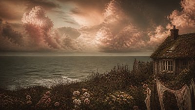 a panoramic ocean horizon with towering clouds at golden hour, no people