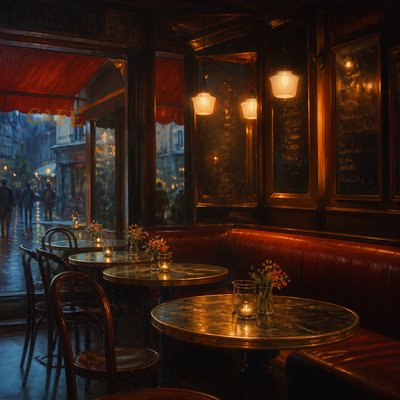 cozy cafe interior with warm lighting