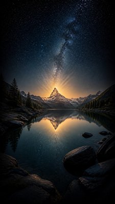 a tranquil mountain lake beneath a starry night sky, no people, no text