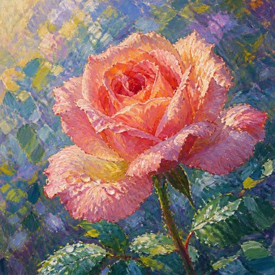 a single blooming rose with dew drops, close up
