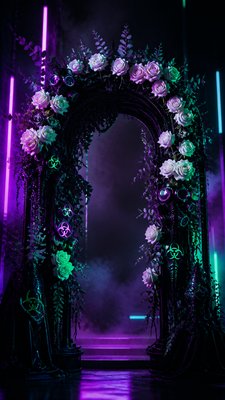 an arch of white roses and eucalyptus in soft morning light, elegant vertical composition with open space, no text