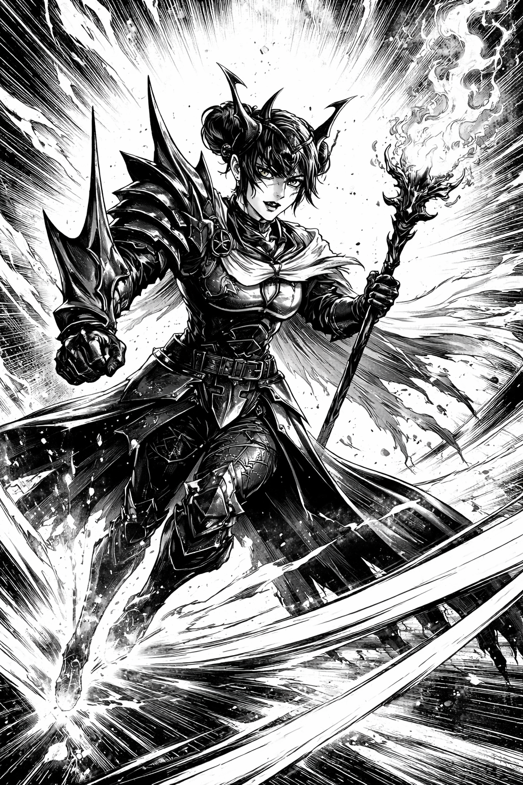 a black and white drawing of a woman with a sword